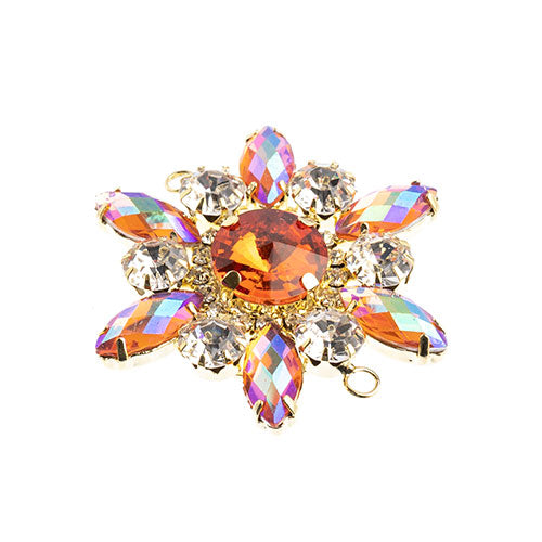 Fashion Embellishment - 48mm Crystal Motif Flower Connector - Orange AB - Gold