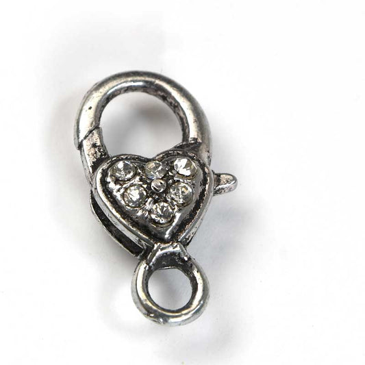 Lobster Clasp - 26mm - Subdued Sparkle Heart - Crystal - Antiqued Silver
