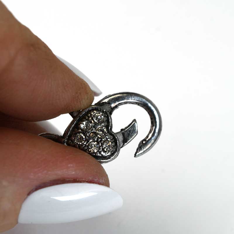 Lobster Clasp - 26mm - Subdued Sparkle Heart - Crystal - Antiqued Silver