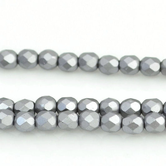 Fire Polish Faceted Round - 4mm - Pearl Pastel Cool Grey (strand 45)