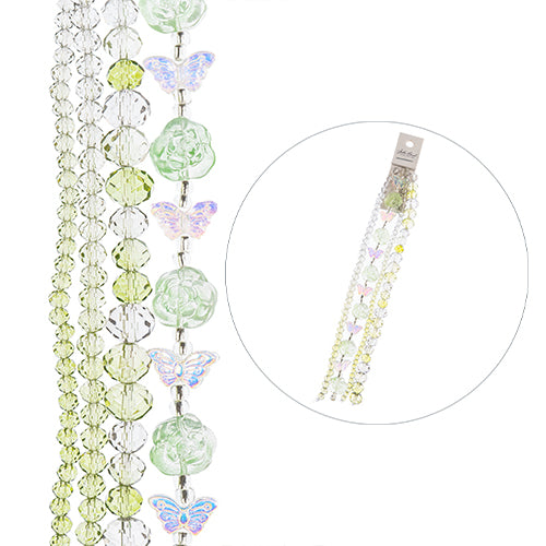Roses Butterflies and Faceted Rounds - Light Green Ombre (4x7in Strand)