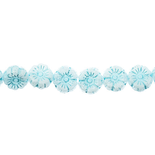 Glass Bead Cinquefoil Flower Bead - 9mm - Light Blue on Alabaster White (Strand