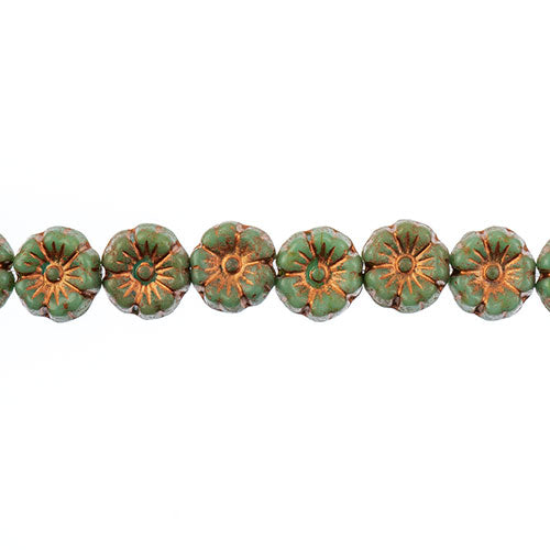 Glass Bead Cinquefoil Flower Bead - 9mm - Copper on Turquoise (Strand Apx 22pcs)