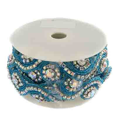 Beaded Crystal Swirl Trim - 38mm - Crystal / Aqua - Silver (1yd)