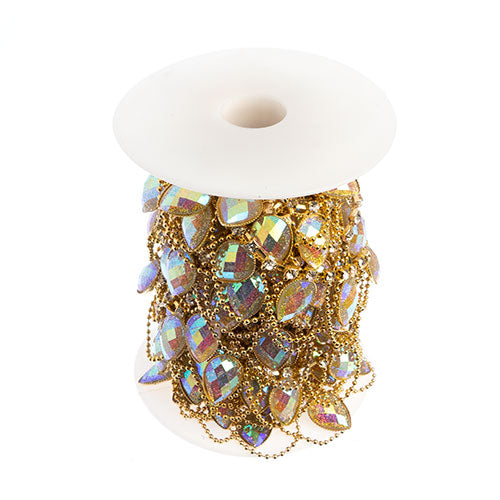 Resin Rhinestone Trim - Drop with Chain - Gold/Glitter Crystal AB (5yd)