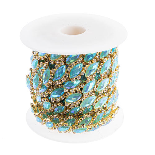 Resin Rhinestone Trim - Diagonal Drop - Gold/Lazer Turquoise AB (5yd)