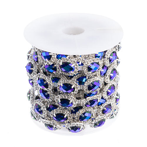 Resin Rhinestone Trim - Stone with Halo - Silver/ Bermuda Blue (5yd)