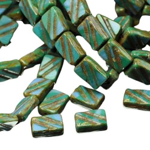 Glass Beads - 9x13mm - Groovy Rectangular Tablet - Aqua Haze