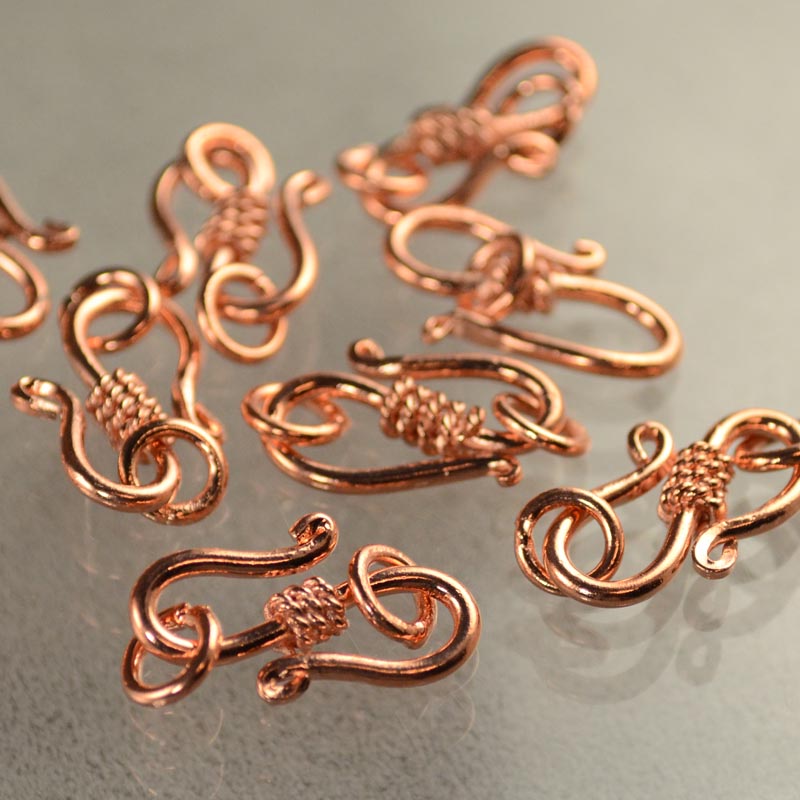 Hook and Eye Clasp - 20mm Coiled Rope S Hook w Rings - Bright Copper