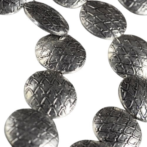 Metal Beads - 18mm - Diamond Wallpaper Lentils - Antiqued Silverplated