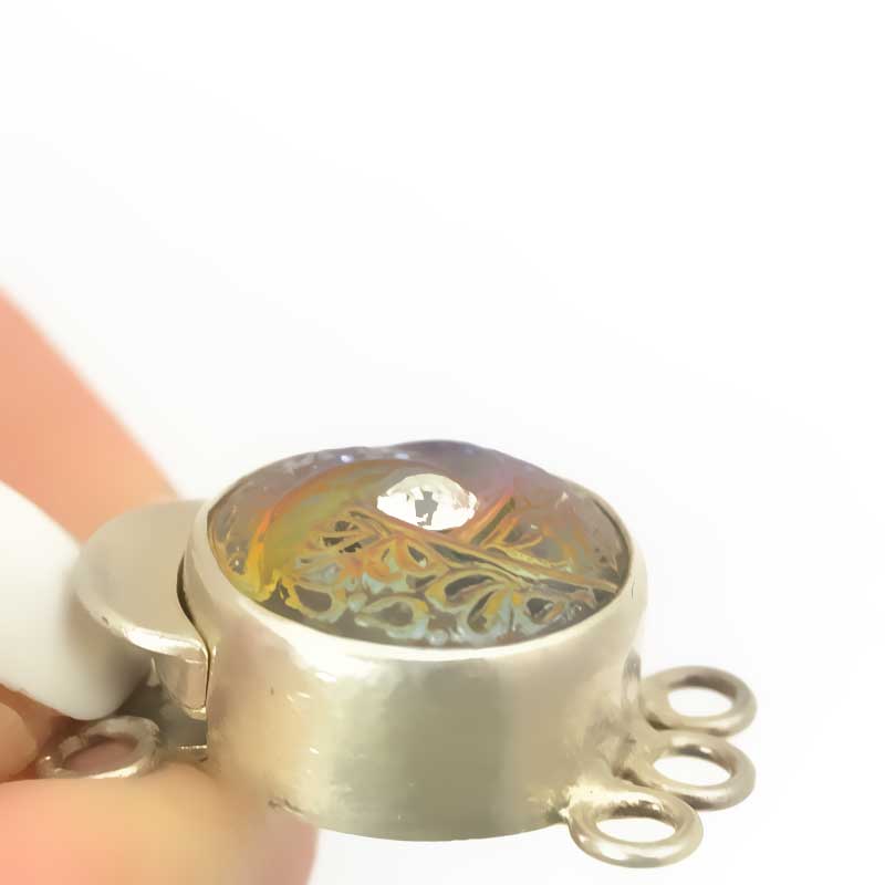 Box Clasp Round with Molded Glass Plus Crystal - 3-Strand - Volcano - Sterling