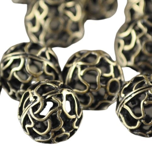 Metal Beads - 11mm - Holey Lace Ball - Antiqued Brass