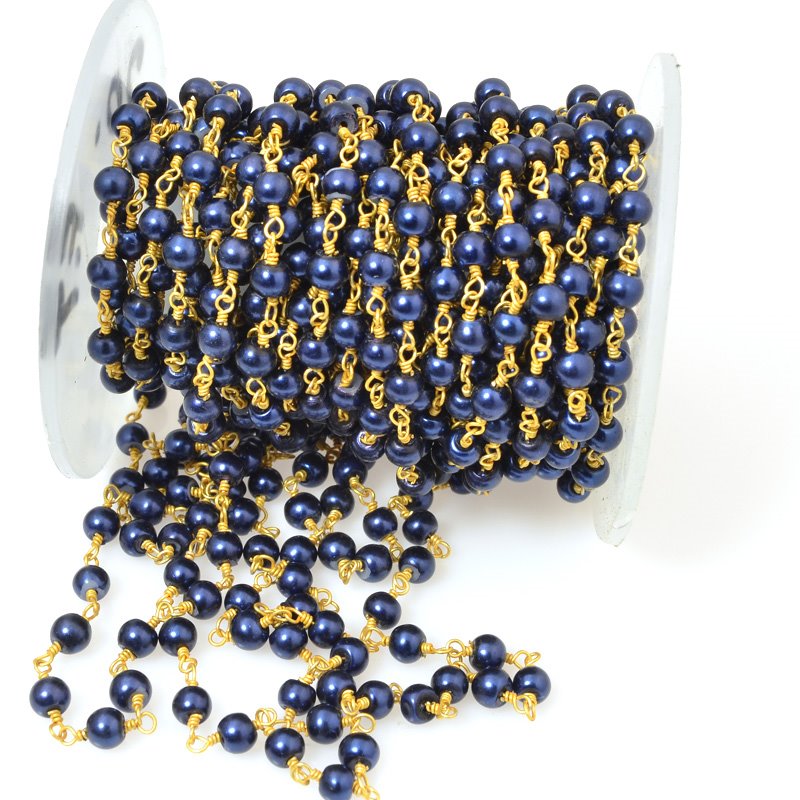 Gemstone Chain - 4mm Round on Wire Link - Dark Blue Glass Pearl / Gold Plated (f