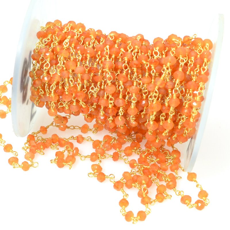 Gemstone Chain - 4mm Faceted Bead on Wire Link - Light Carnelian / Gold Plated (