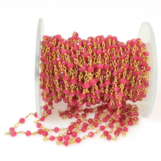 Gemstone Chain - 3mm Faceted Rondelle on Wire Link - Tourmaline Pink / Gold Plat