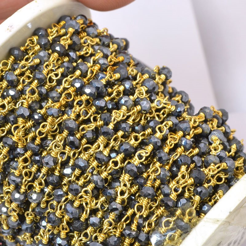 Gemstone Chain - 3mm Faceted Rondelle on Wire Link - Silver Coated Black Onyx /