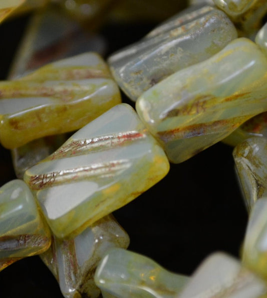 Glass Bead Double Lines - Carved Flat Rectangle - 9x13mm - Lichen Opal