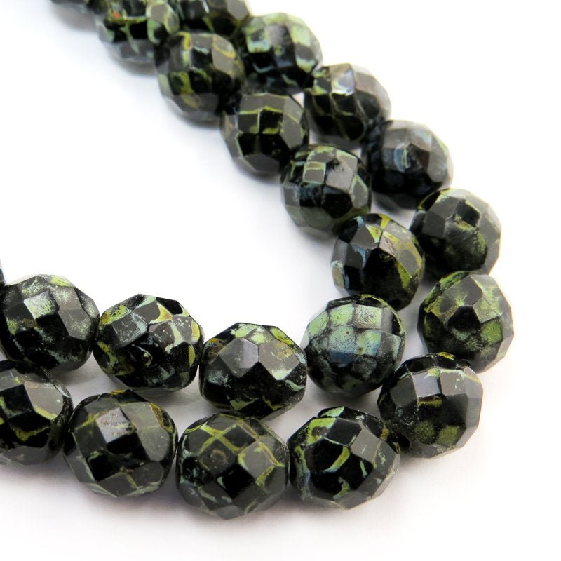 Fire Polish Faceted Round - 10mm - Jet Raku (strand 25)