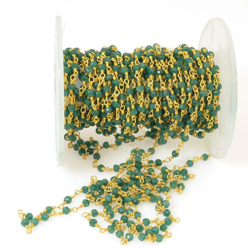 Gemstone Chain - 3mm Faceted Rondelle on Wire Link - Green Onyx / Gold Plated (f