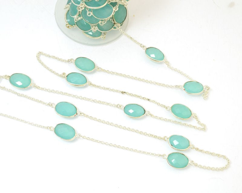 Gemstone Chain - Mounted Faceted Stone - Seafoam Chalcedony / Silver (foot)