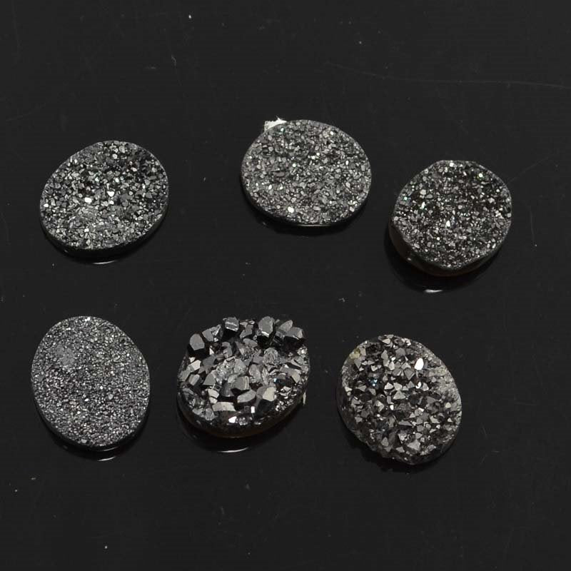 Stone - 10 x 13 mm Oval Cabochon - Black Knight Druzy