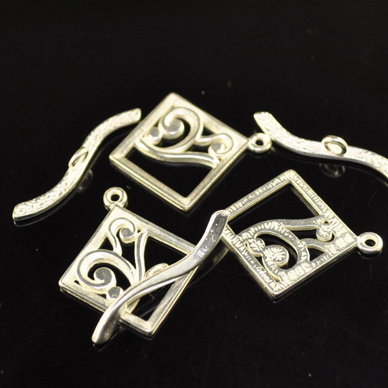 Toggle Clasp - Square with Curliques - Bright Silver