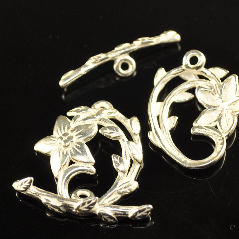 Toggle Clasp - Flower Vine - Bright Silver