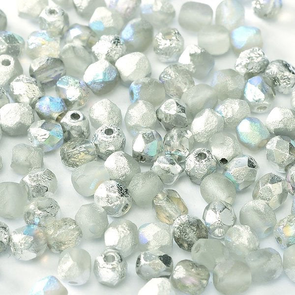 Fire Polish Faceted Round - 4mm - Crystal Etched Silver Rainbow (50)