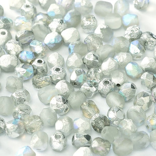 Fire Polish Faceted Round - 4mm - Crystal Etched Silver Rainbow (50)
