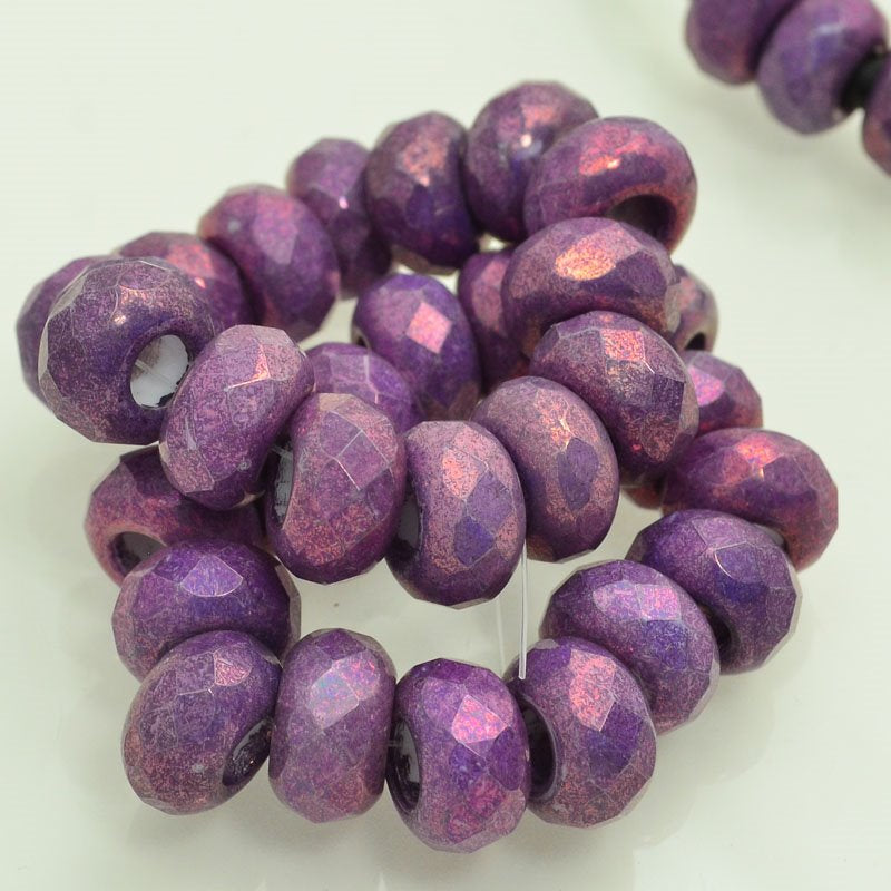 Glass -  Big Hole Faceted Rondelle Donut - Purple Gold Lustre (5)