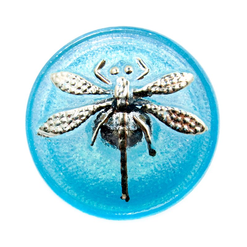 Czech Glass Button - 18mm Embossed Dragonfly - Electric Aqua