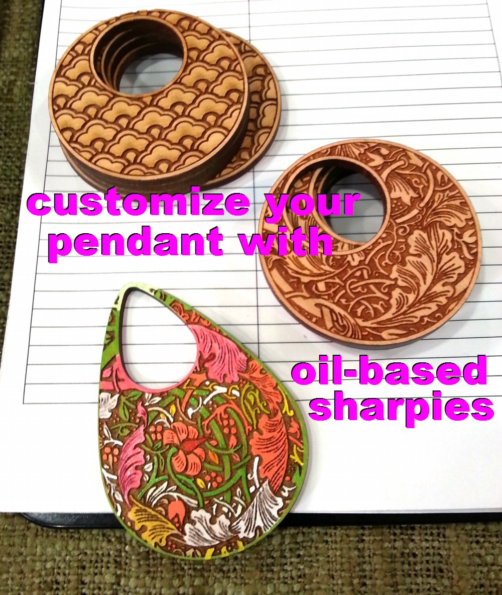 Pendant - Walnut Wood Drop Pendant - Swirly Feathers