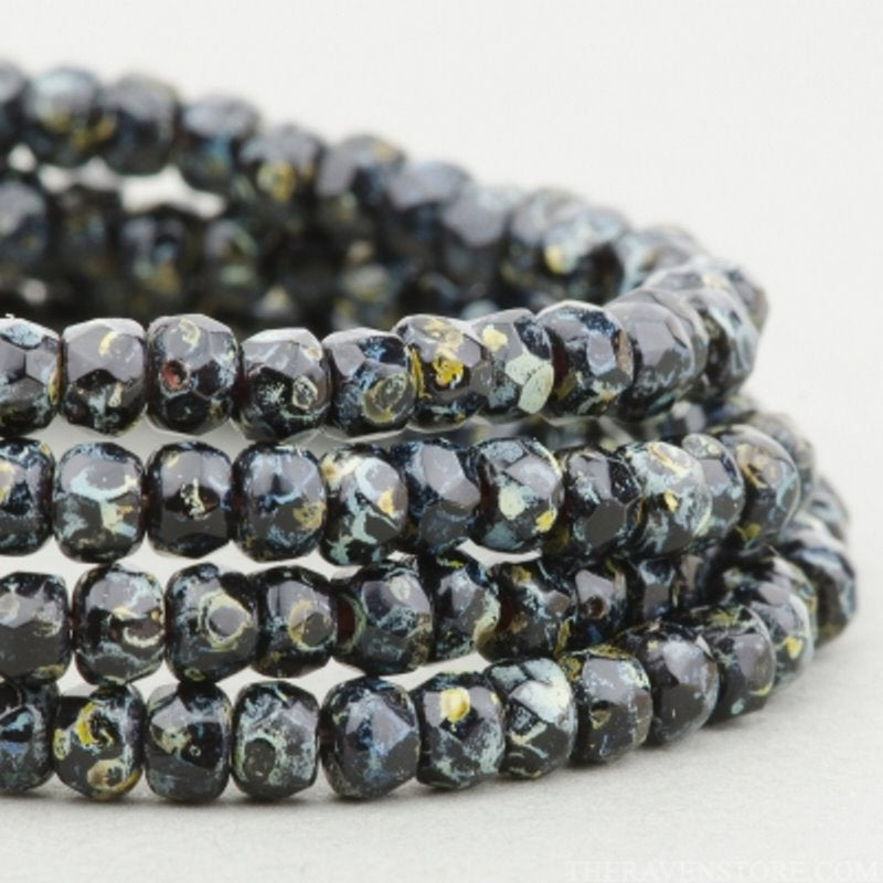 Fire Polish - 3x2mm - Faceted Rondelle - Jet Picasso (50)