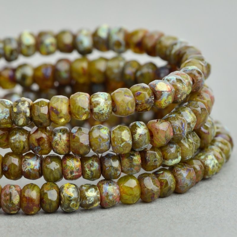 Fire Polish - 3x2mm - Faceted Rondelle - Olive Picasso (50)