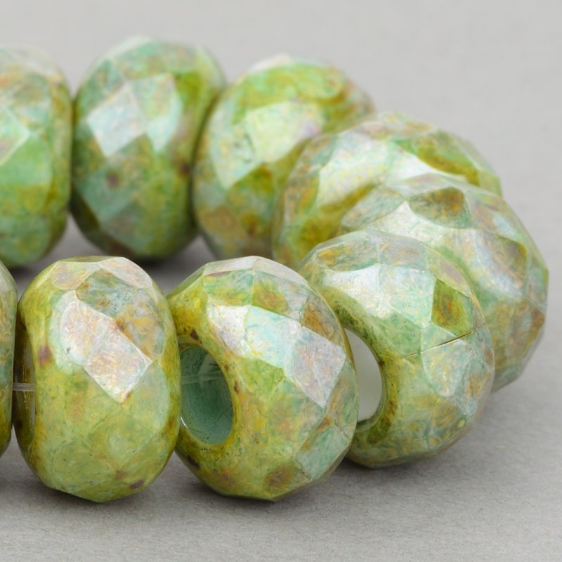 Fire Polish - Big Hole Faceted Rondelle Donut - Greenstone Luster (5)
