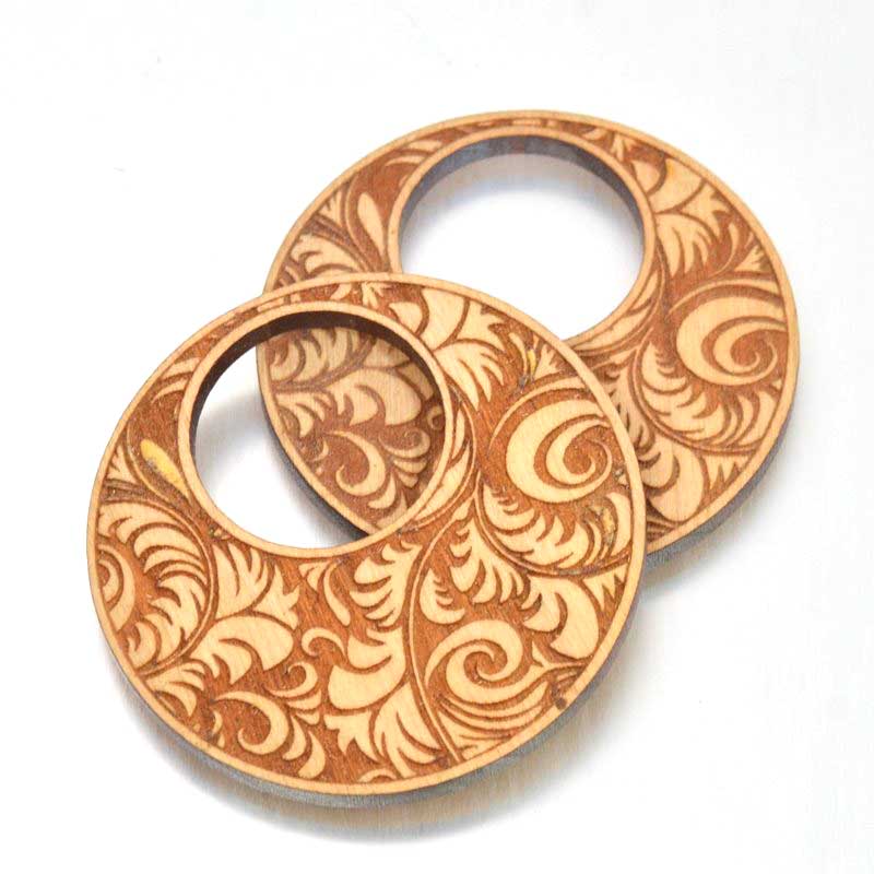 Pendant - Cherry Wood Round Pendant - Swirly Feathers