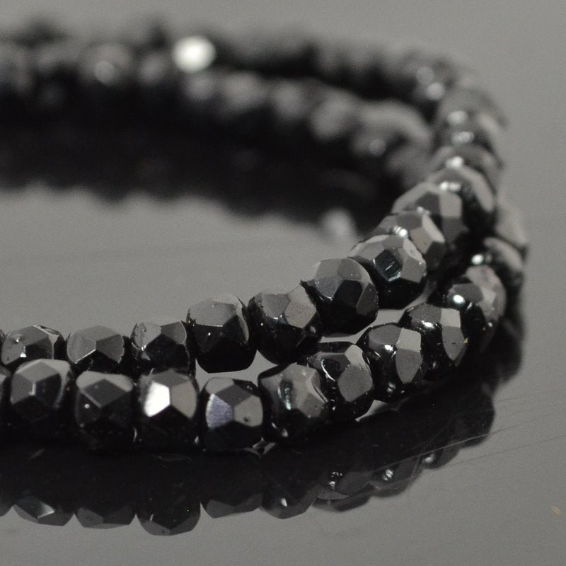 Fire Polish - 3x2mm - Faceted Donut Rondelle - Jet Black (Strand 50)