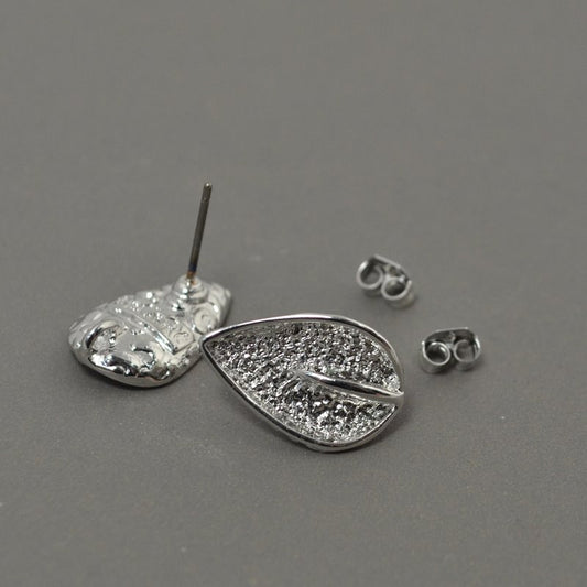 Earring -  Leaf Stud with Ring and Clutch - Silverplated (Pair)
