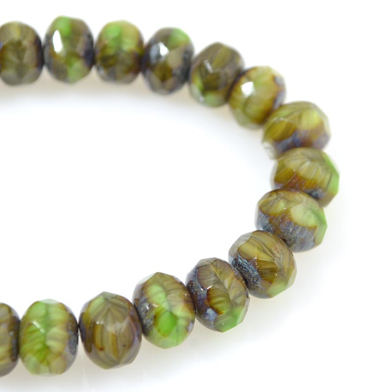 Fire Polish - 8x6mm - Faceted Donut - Greenery Picasso (strand 25)