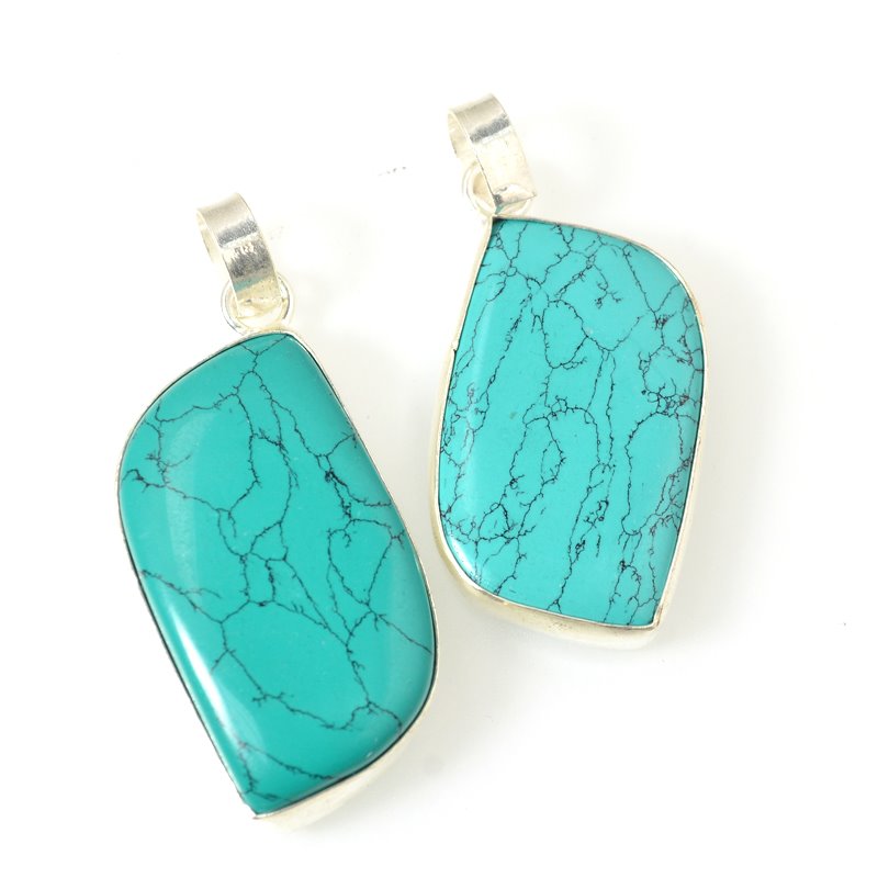Stone Pendant -  Freeform Wave - Turquoise (Imitation) - Silver Plated
