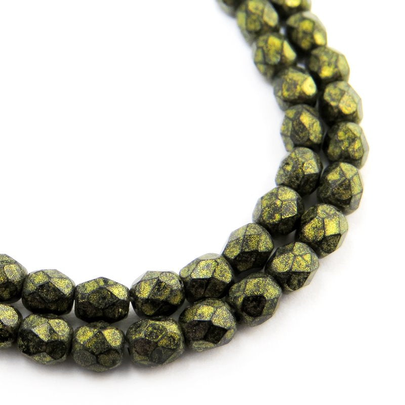 Fire Polish Faceted Round - 4mm - Opaque Golden Green Patina (Strand 50)