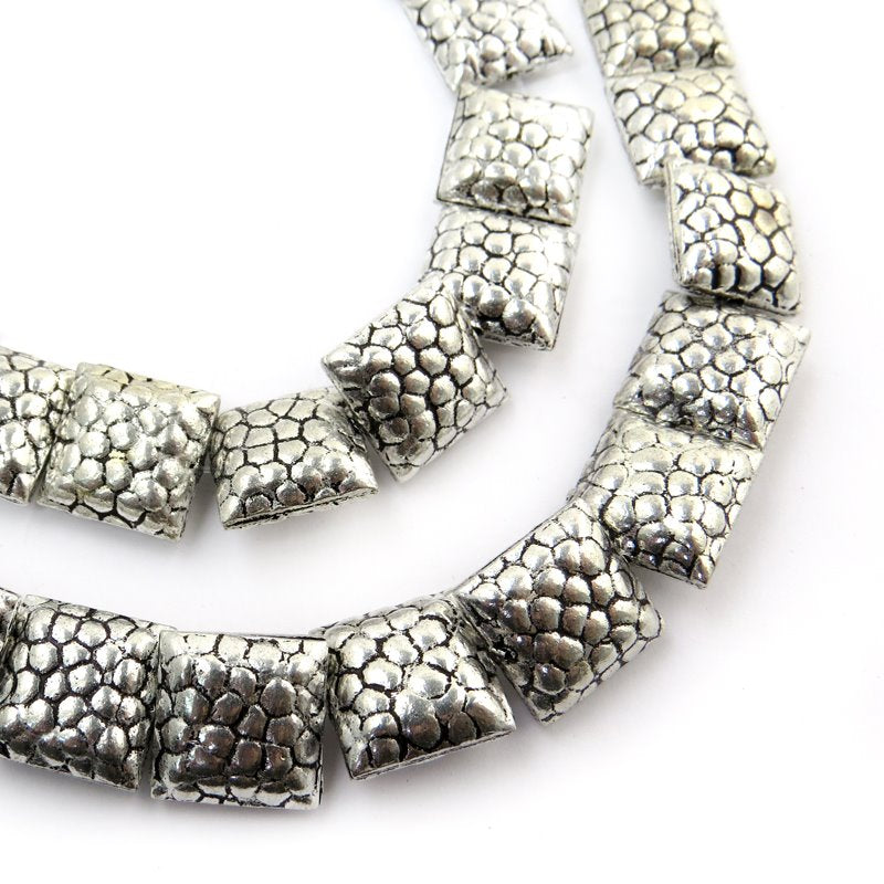 Metal Bead - 14mm Dragonskin Puff Squares - Antiqued Silver (strand)