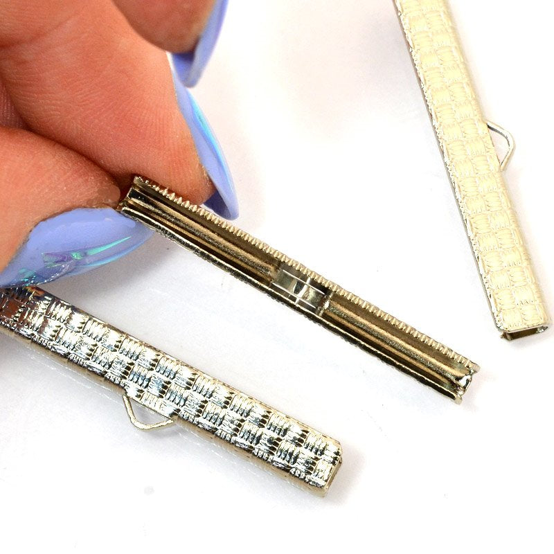 Ribbon End Clamp - 38mm Basket Weave Pattern - Nickel (2)