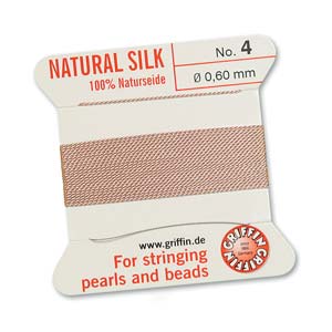 Silk Thread - Size 4 / 0.6mm Griffin Silk Beading Cord / Needle - Light Pink (2