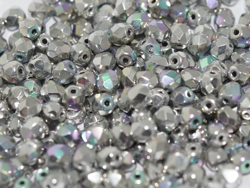 Fire Polish Faceted Round - 4mm - Crystal Glittery Silver (50)
