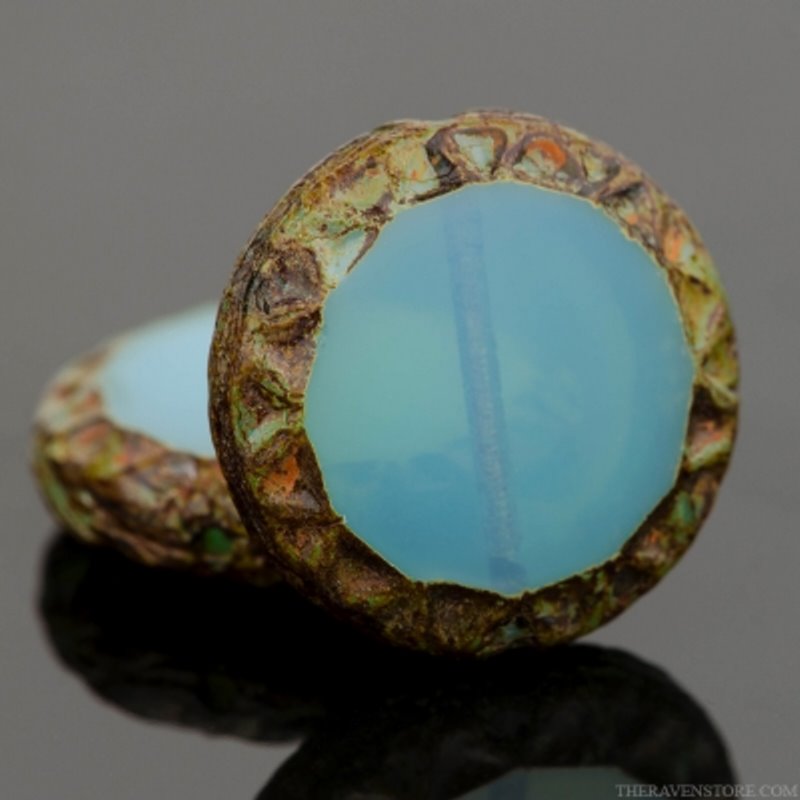 Glass Beads - 16mm Mayan Sun Coin - Picasso Blue Silk (10)