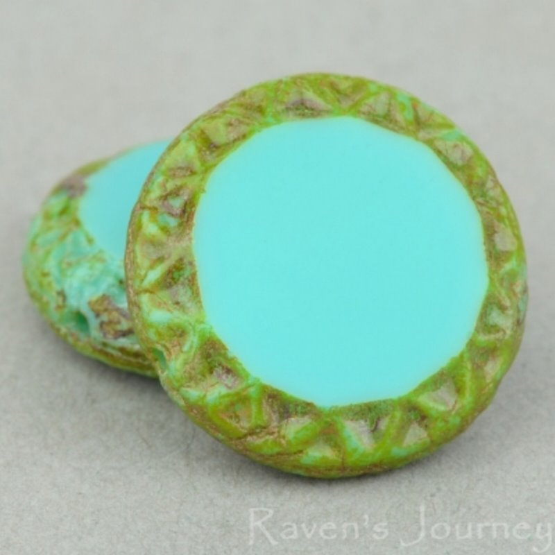 Glass Beads - 16mm Mayan Sun Coin - Turquoise Picasso (10)