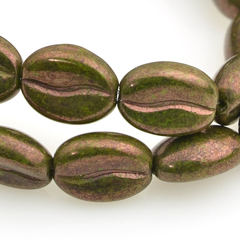 Glass Bead Coffee Bean - 8x11mm - Verdigris Bronze Lustre (Strand 15)