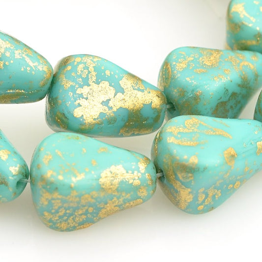 Pressed Glass - Old Fashioned Drop - Turquoise Gold Splash (strand 12)