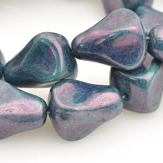 Pressed Glass - Old Fashioned Drop - Turquoise Purple Lustre (strand 12)